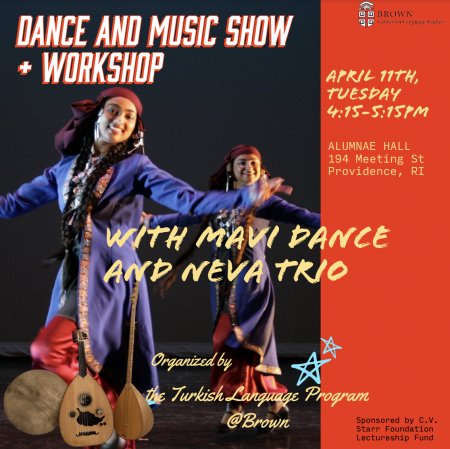 Turkish Dance and Music workshop, April 11 from 4:15-5:15pm sponsored by the Center for Language Studies 