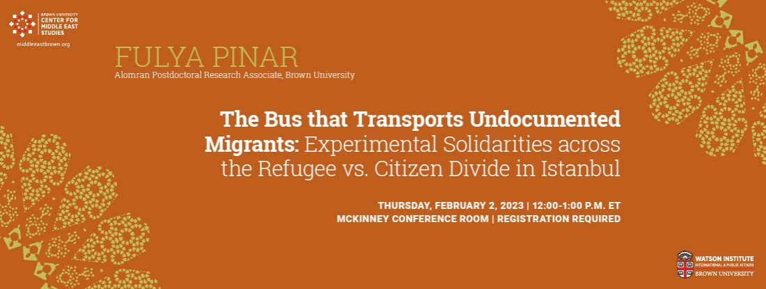 Orange poster with green flowers on the top right and bottom left corner. Event details listed on poster. Fulya Pinar. The Bus that Transports undocumented Migrants. February 2 at noon 