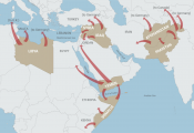 A map depicting the movement of refugees from Libya, Syria, Iraq, Yemen, Somalia, Afghanistan, and Pakistan.