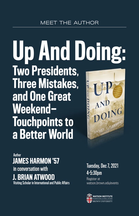Event poster for Up and Doing Book Talk with James Harmon