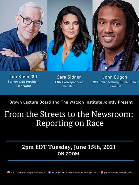 Event poster with photos of Jon Klein, Sara Sidner, and John Eligon