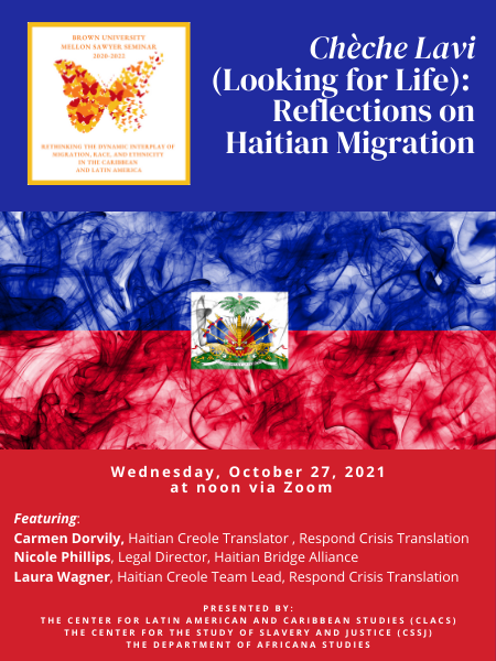 Red and blue poster for Haiti Panel Discussion 
