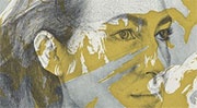 A greyscale portrait of a woman's face with gold splattered across it