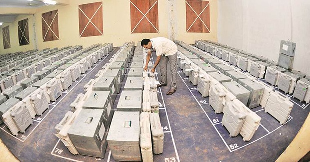 A man sealing the electronic voting machines after the vote